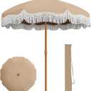 AreShark 7ft Patio Umbrella with Fringe, UPF50+ Beach Umbrella for Table, Pool & Garden, Portable Outdoor Tassels Umbrella w/Fiberglass Ribs&Push Bottom Tilt(Beige)
