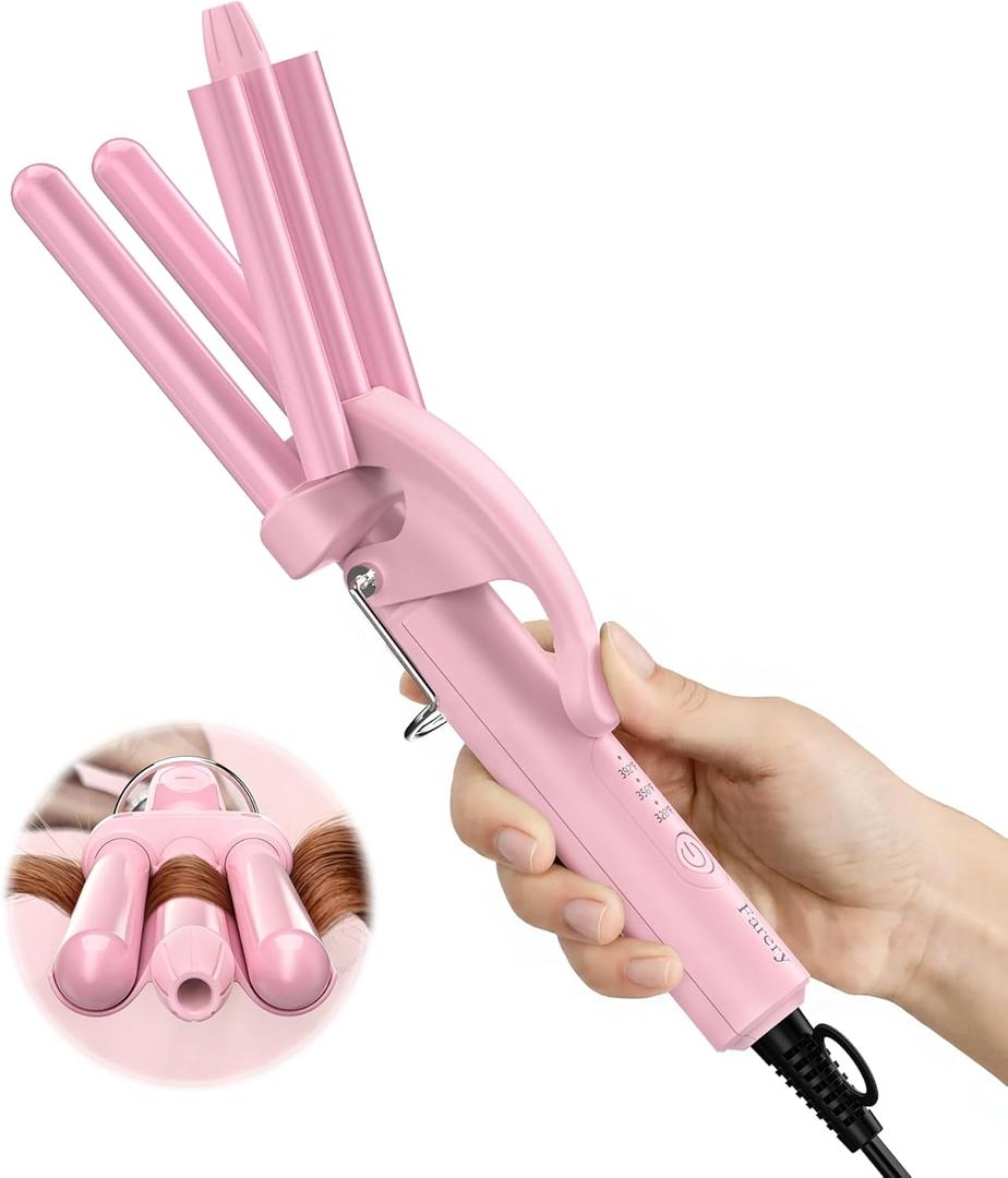 Farery Mini Hair Waver, 1/2 Inch 3 Barrel Curling Iron for Short & Long Hair, Adjustable Heat, Deep Mermaid Waves & Volume, Dual Voltage Travel Hair Crimper, Sakura Pink