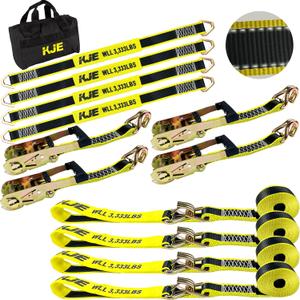 KJE Heavy Duty Car Trailer Tie Down Straps with Reflective - (4) 2" x 10' Ratchet Straps + J-Hooks with Clip, (4) Axle Straps 2" x 36'' - 10,000lbs Break Strength - Use for Car, Truck, UTV Transport