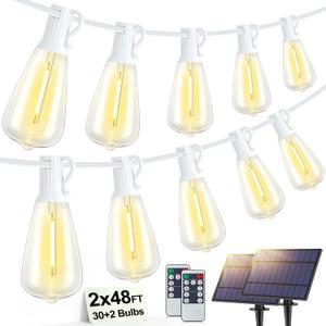 Larkvue 96FT(2x48FT) Solar Outdoor String Lights with Remote & Timer, Waterproof Dimmable Patio Lights with 30+2 ST38 LED Bulbs for Garden Deck-White