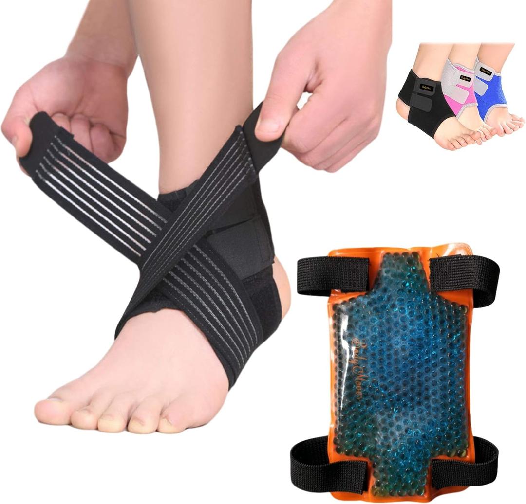 BodyMoves Kid's Ankle Brace Support Plus Hot and Cold Ice Pack (Sporty Black, MED for Big Kids M (US 3.5-7))