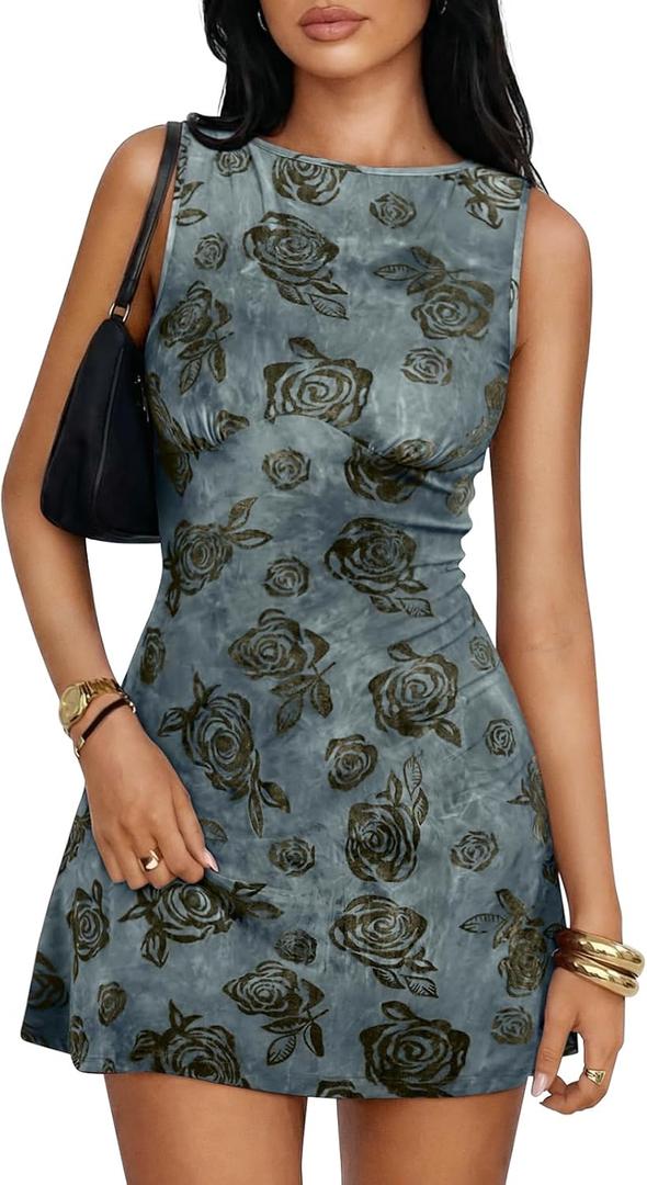 Trendy Queen Womens Mini Floral Boat Neck Sleeveless Bodycon Short Party Summer Dresses 2026 (S)