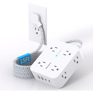 Extension Cord 15 Ft, HANYCONY 1080J Surge Protector Power Strip Long Cord with 8 AC Outlets and 4 USB Ports (2 USB-C), Wall Mount, Desk Charging Station for Home Office College Dorm Room Essentials