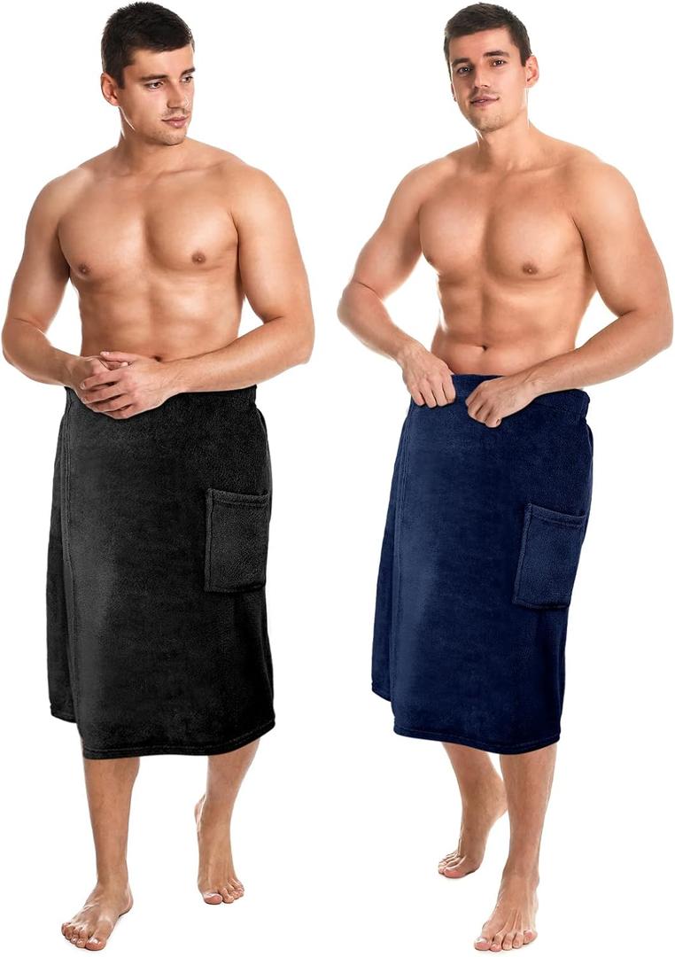 Tudomro 2 Pcs Men's Bath Wrap Towel Large Shower Adjustable Terry Body Spa Towel with Pocket After Shower Wrap for Men Gift Spa College Bath Dorm Room Gym(Black, Navy Blue), L