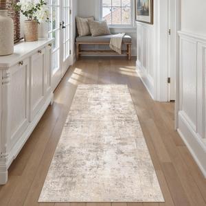 2x6 Washable Runner Rug Beige Grey Abstract Non Slip Soft Low Pile Hallway Kitchen Rug Neutral Modern Carpet for Laundry Bathroom Bedroom Living Room Home Decor