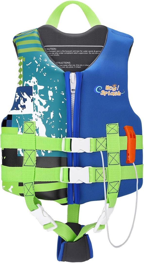 HeySplash Toddler Swim Vest, Kids Swimming Jacket Fit 30-50/50-80lbs, Child Floaties Vest wiht Safety Strap, Float Jacket for Girls/Boys on Pool,Beach,Boating, Learn to Swim Aid, A-Indigo, L(Age Recommend 6-9 Years)