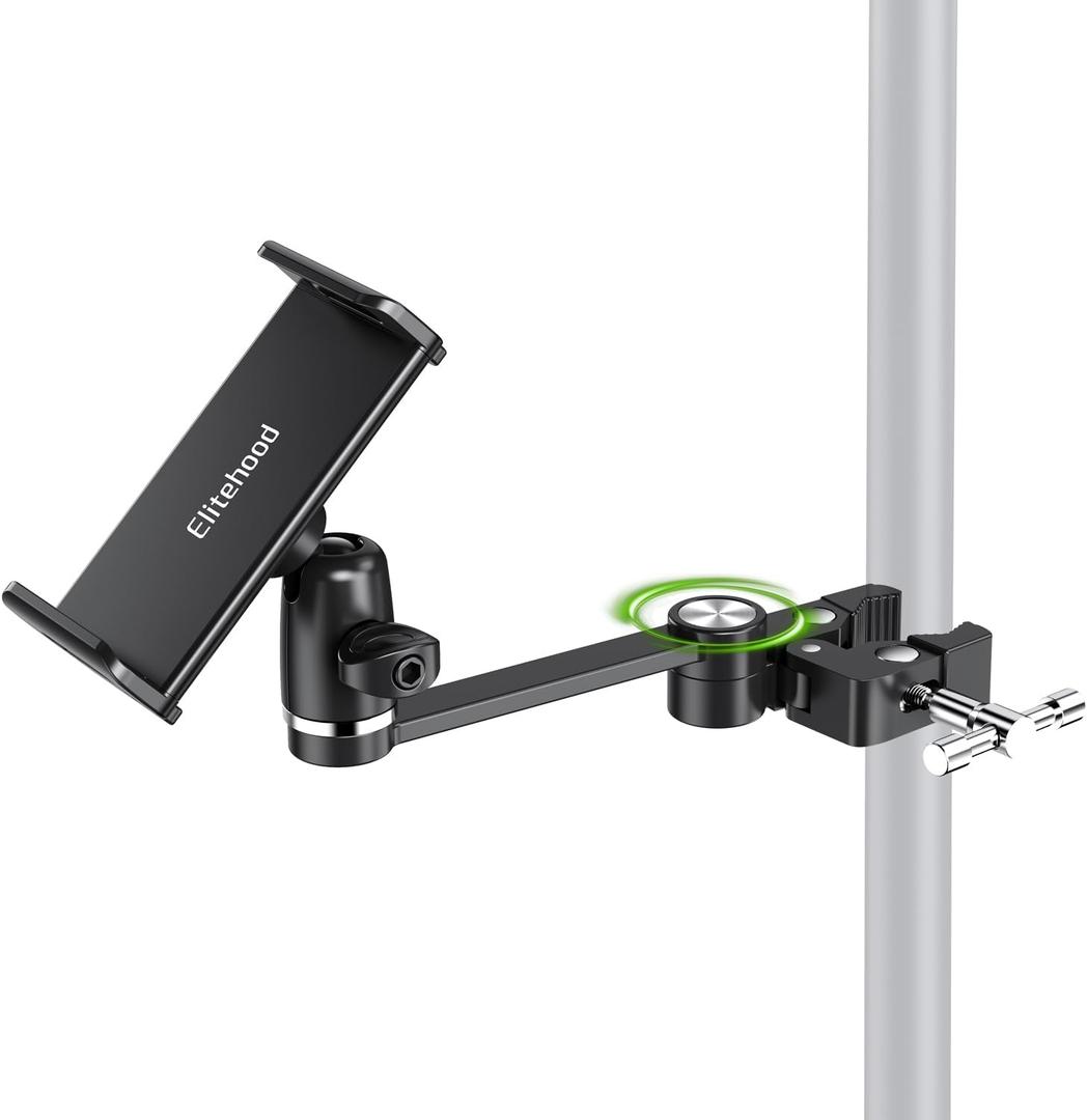 elitehood 8.5in Long Arm iPad Holder for Mic Stand, 360 Adjustable Aluminum Mic Stand Tablet Holder for Microphone & Stage Music, iPad Mount Compatible with 4-13in Tablets, iPhone and Phones
