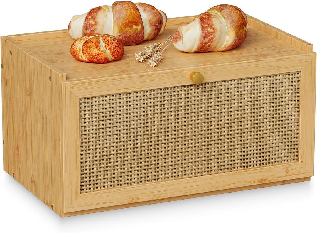 Trironsun Rattan Bamboo Bread Box for Kitchen Counter Large Capacity Bread Storage Bin Farmhouse Bread Storage Container Rustic Bread Holder (Natural Bamboo)