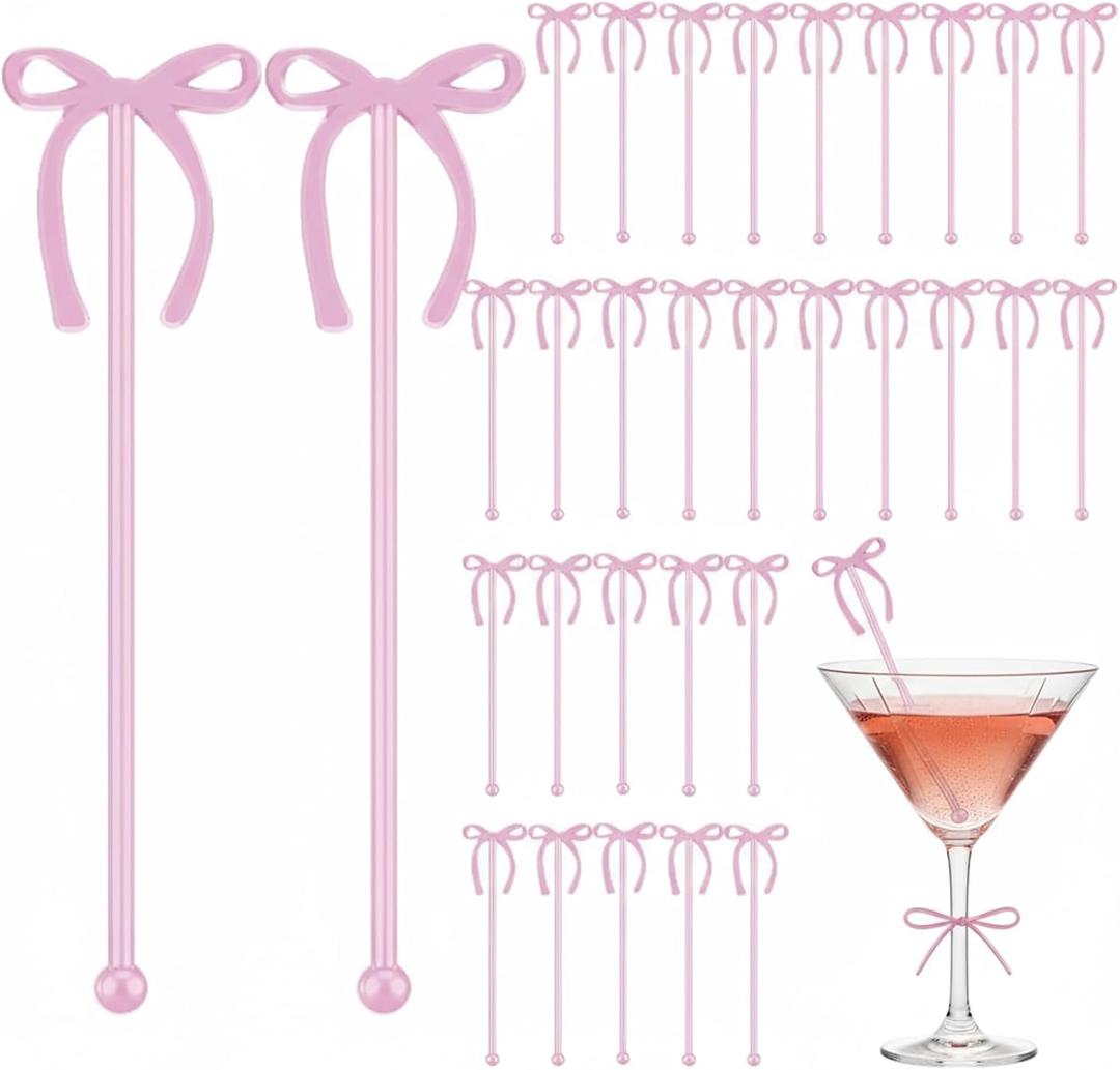 30 Pcs 6 Inch Valentine Party Stirrers, Bow Stir Sticks Coffee Stirrers Reusable Plastic Swizzle Sticks for Wedding Birthday Bridal Cocktail Decorations Galentines Supplies(Rose Gold)