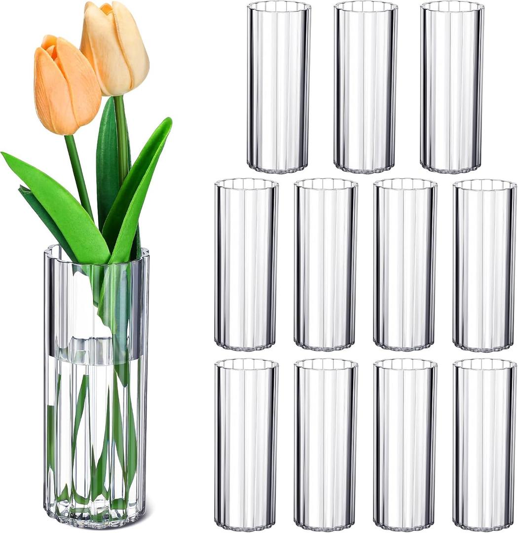 12 Pcs Plastic Small Cylinder Vases for Centerpieces Wedding Decoration, Clear Ribbed Bud Flower Vases Bulk for Wedding Bridal Shower Birthday Living Room Table Decor (5.5 Inch,Cylinder)