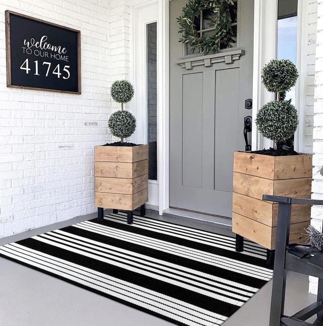 Tiveney 3x5 Black and White Outdoor Rug, Washable Reversible Outdoor Rugs Front Door Mat, Striped Cotton Woven Layered Doormats for Entryway Patio Porch Farmhouse Decorations