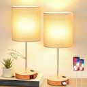 Lynnoland Touch Wood Table Lamps Set of 2, Bedroom Lamps with 2 USB AC Outlet, 3-Way Dimmable Bedside Nightstand Lamps for Bedroom Living Room Nursery, 800 Lumens 2700K Bulbs Included