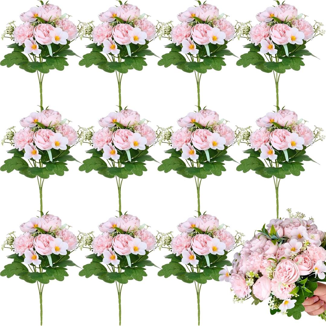 Olgaa 12 Bundles Peonies Artificial Flowers Fake Hydrangea Silk Peony Bouquet Bulk for Vase Floral Arrangements Wedding Arch Decor Centerpiece Table Decorations (Light Pink)