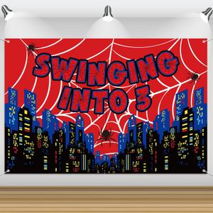 Spider Web Backdrop, 180x120cm/5.91x3.94ft 3 Years Old Red Spider Theme Birthday Decoration for Boys Girls Photo Prop
