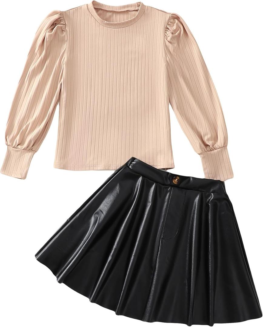 Girls Skirt Sets 2 Piece Outfits Long Sleeve Puff Mock Neck Tops and Plaid Skirts Fall Winter Clothes Size 6-14Y (Beige)