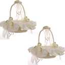 DULRLLY 2Pcs Wedding Flower Girl Basket, Hand-woven Storage Basket with Removable Handle and Rhinestone, Sweet Romantic Petals Basket, Lace Bowknot Bride Basket for Wedding (2 Pcs)