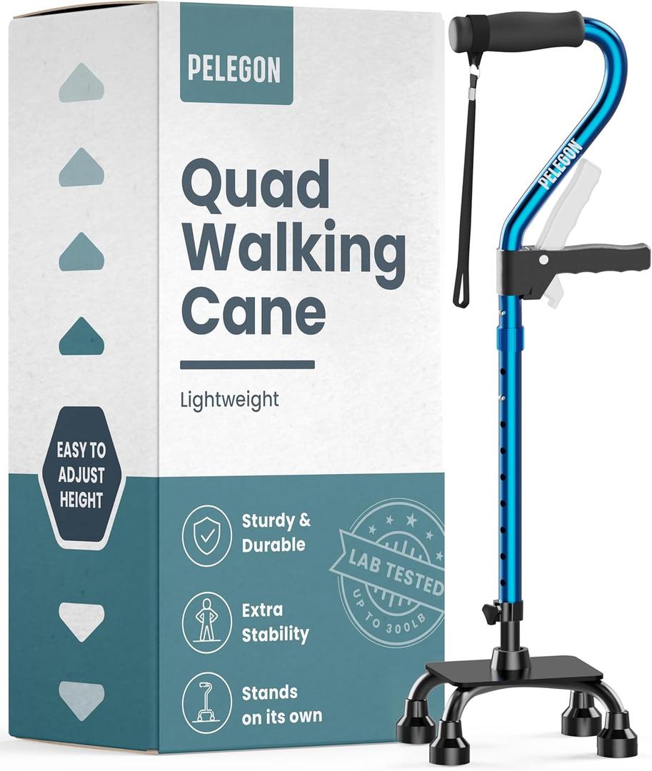 PELEGON Quad Cane (300LB) - Adjustable Walking Cane with A Large 4 Pronged Base for Extra Balance & Stability, Walking Canes for Seniors, Walking Cane for Men & Women, Walking Sticks (Blue)