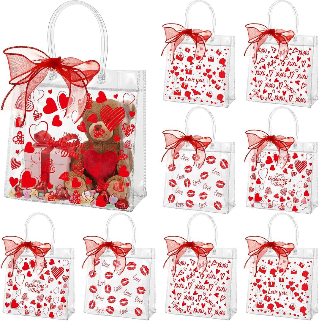 Amylove 24 Pcs Valentines Gift Bags Bulk Valentines Day Clear Gift Bags Bulk Valentine Clear PVC Goodie Bag with Handles Galentines Day Party Favors (Stylish,Red)