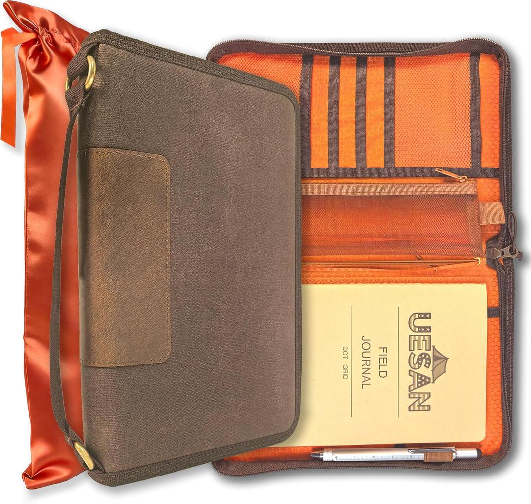 A5 Zippered Field Journal Cover with Detachable Strap, Waxed Canvas  Leather Accent Notebook Organizer Case with Pen Holder, Includes 5.8 x 8.3 Refill, for Work, Business, Travel, Sketching, Brown