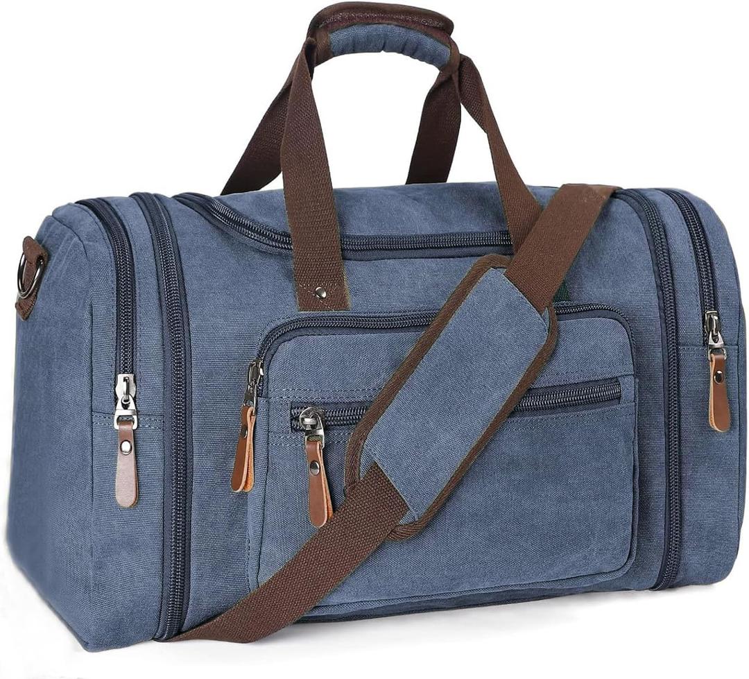 Sechunk Duffle Bag Canvas Large Outdoor Shoulder Bag Overnight Handbag Travel Tote Luggage Weekender Bag Blue-A (20.87*9.84* 11.81*)