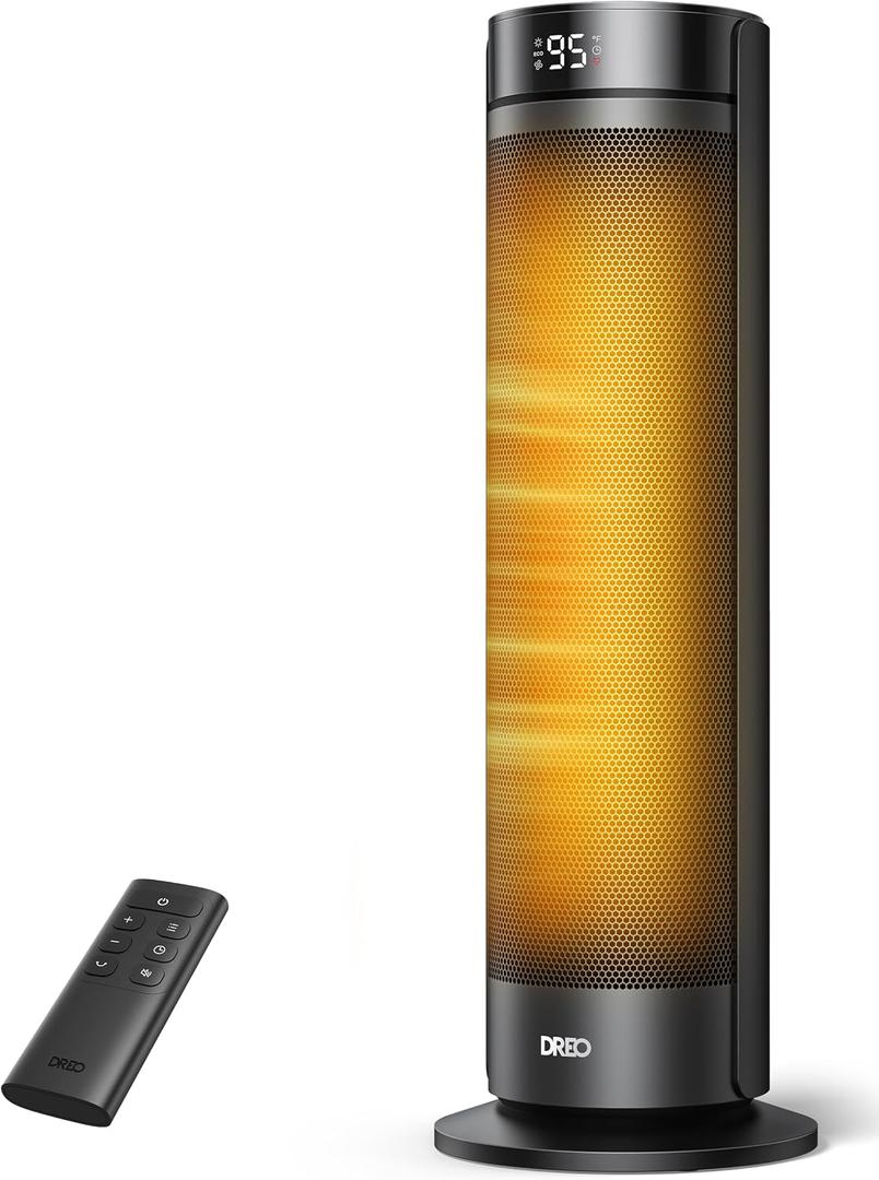 DREO Space Heater for Large Room, 23 Inch Electric Heaters for Indoor Use, 8 Safe Protection Tower, 70° Oscillation, PTC Ceramic with Thermostat and Remote, Quiet, 12H Timer, Bedroom, Office