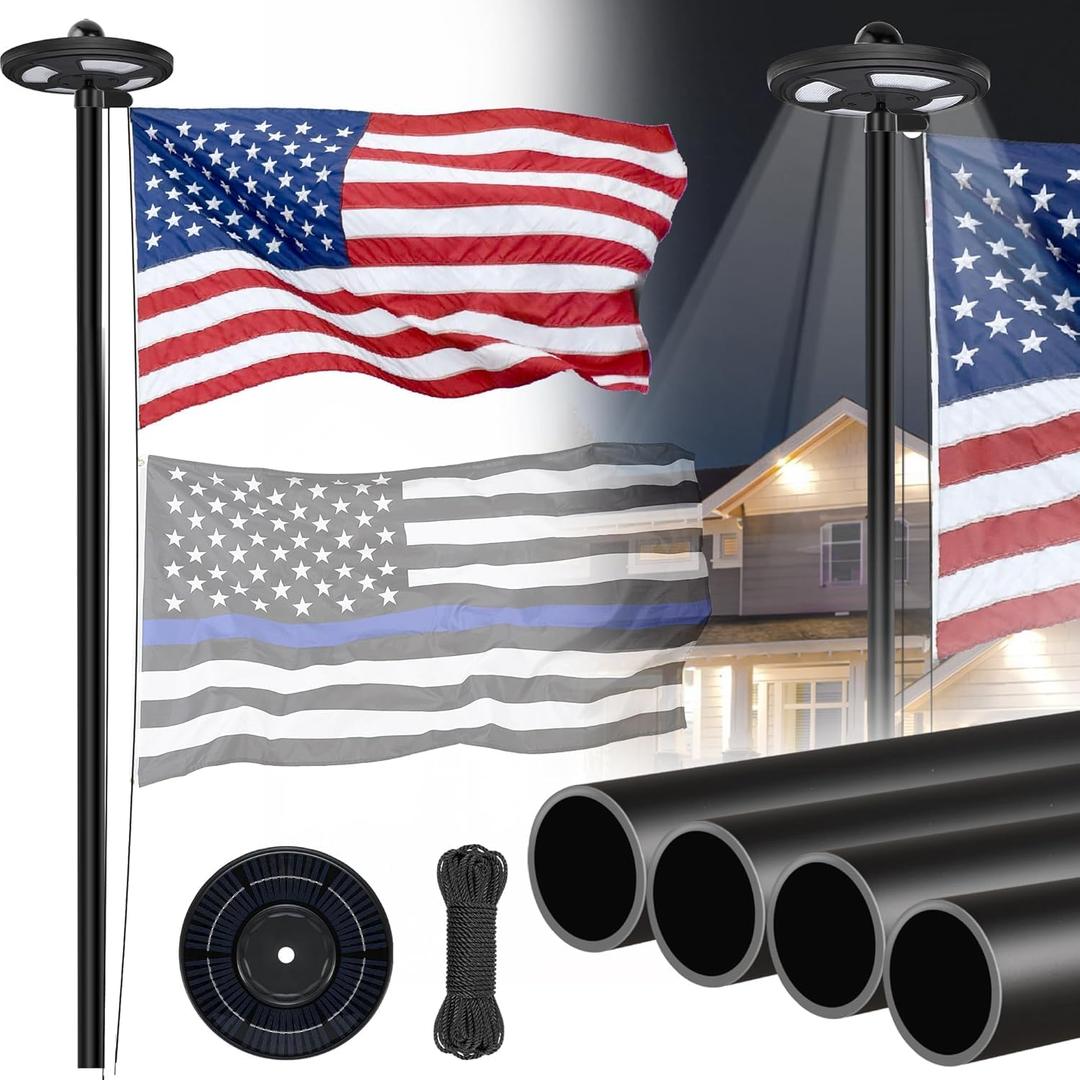 20FT Black Flag Pole Kit with Solar Light in Ground, 12 Gauge Extra Thick Aluminum Flagpole with 3x5 TearProof Embroidered American Flag and 126 LED Light