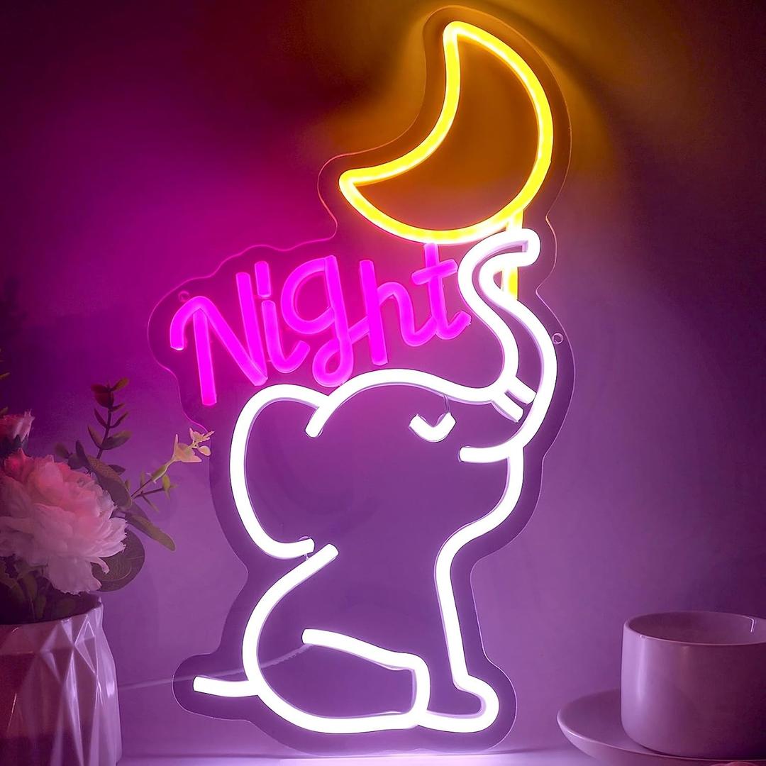 2 x Moonlit Elephant Neon Sign for Wall Decor, Cute Dimmable Animal Neon Lights for Kids' Room or Bedroom, USB Powered LED Sign Christmas, Birthday, and Party Gift for Kids(16.5"x9.3")