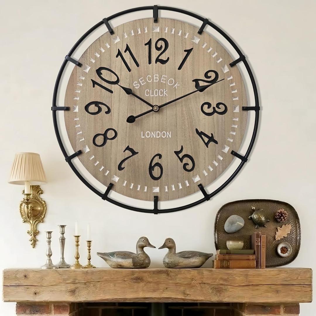 24 Inch Large Farmhouse Wall Clock, Metal Rustic Wood with Silent Quartz Movement, Easy Read Arabic Numerals, Battery Powered Round Decorative Wall Clock for Living Room Bedroom Kitchen Office