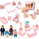 Kizfarm Wooden Dollhouse Furniture Set with 4 Family Dolls, 26 Pcs Pretend Play Dollhouse Accessories for 4 Rooms, Pink Furniture Toys Birthday Gifts for Girls Boys Age 3+