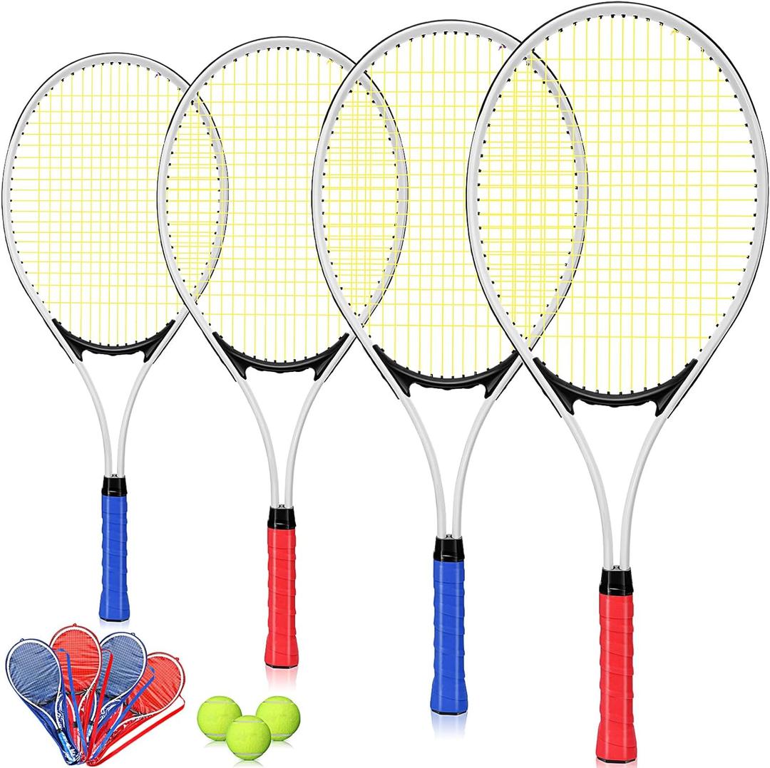 4 Pcs Tennis Rackets for Adult Recreational 4 Players 27" Tennis Racquet Lightweight Tennis Racket with 3 Tennis Balls for Training Beginners with Overgrips Carry Bag (mainly red and blue)