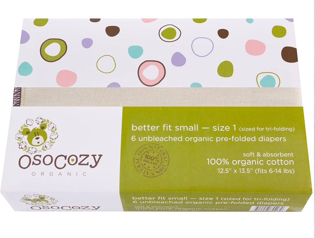 OsoCozy Organic Cotton Prefold Cloth Diapers (6pk) - Super-Soft, Thick, Absorbent, Durable, and Ecologically Friendlier.
