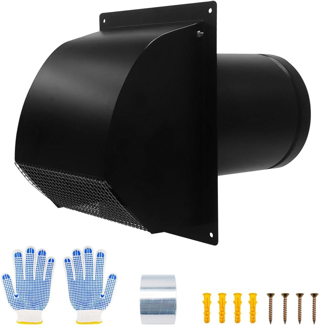 6 Inch Galvanized Steel Hooded Wall Vent,Arc-Shaped Outdoor Wall Vent Cap with Mesh Cover and Damper for Kitchen, Bathroom, Laundry, Garage Ventilation and Exhaust(Black, 6 Inch)