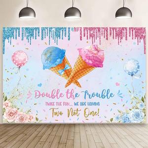 MEHOFOND 7x5ft Ice Cream Twins Baby Shower Banner Decroations, Double The Trouble Twice The Fun We are Having Two Not One Backdrop, Blue Pink Gender Reveal Party Decor Floral Gender Reveal Supplies