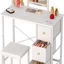 27.5" Small Vanity Desk with Mirror & Chair, Compact Makeup Vanity Set with Chair, Small Dressing Table with 3 Fabric Drawers for Bedroom, Make up Table with Stool for Girls, Kids, Teens, White