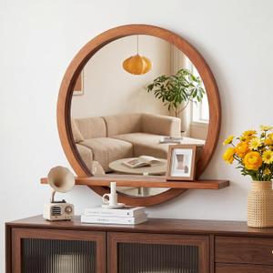 Vercraft 20 Inch Round Wall Mirror with Shelf Solid Wood Frame Rustic Circle Mirror Handcrafted for Entryway Bathroom or Living Room Decorative (Brown)