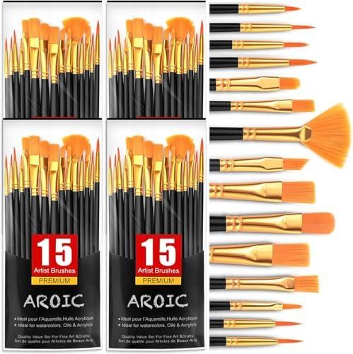AROIC Acrylic Paint Brush Set,3 pack/45pcs Nylon Hair Oil Watercolor Rock Face Painting Artist Paint Brushes, 15 Sizes Painting Brush Set for All Purposes Kids Adult Arts Paint Brush Supplies.