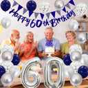 60th Birthday Decorations for Men Women, Blue Silver White Birthday Balloons, Blue Happy 60th Banner Cake Topper Number 60 Foil Balloon for 60 Year Old Party Decoration