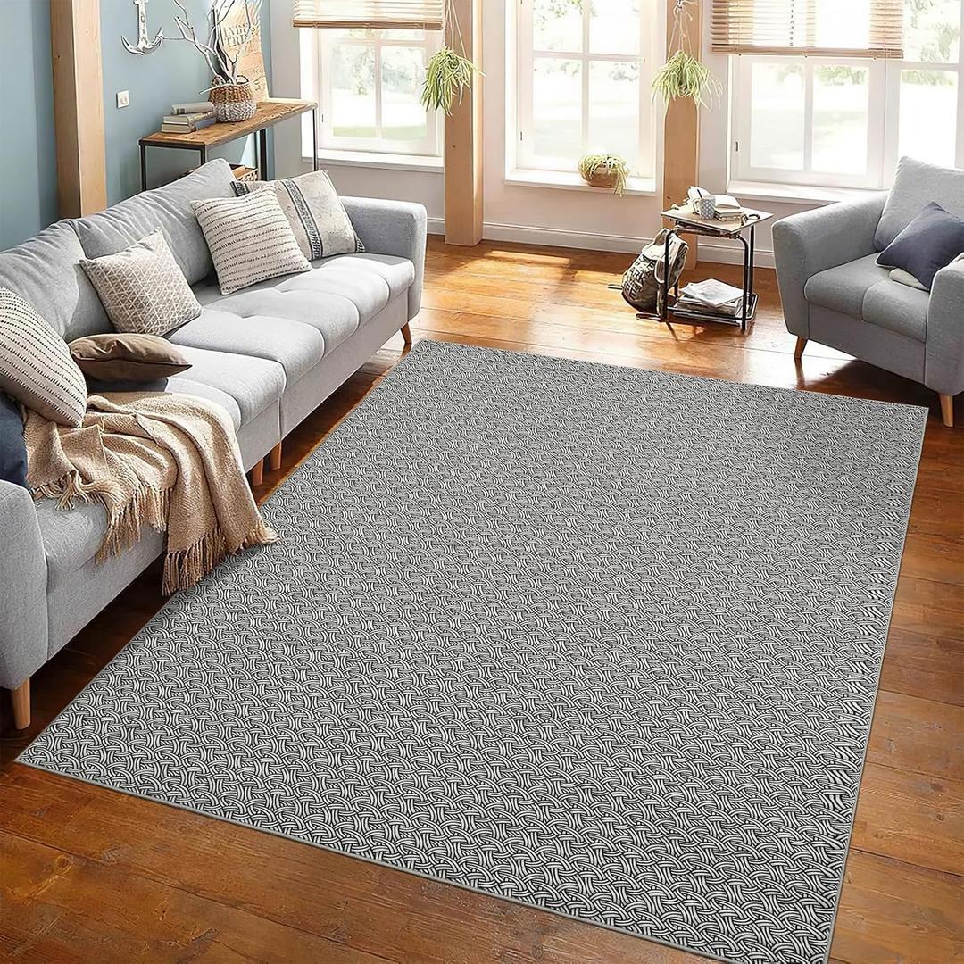 Printed Area Rug with Realistic Braided Texture  Machine Washable, Non-Slip Indoor Carpet for Living Room, Bedroom & Durable Home Decor (9' x 12' (Rectangular), Black White)