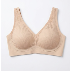 Angelhood Jelly Wireless Bras for Women Lace V Neck Push up Seamless T Shirt Bra Comfortable No Underwire Bra with Adjustable Straps Beige