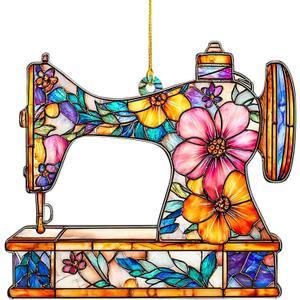 Faux Stained Glass Sewing Machine Christmas Acrylic Ornament, Sewing Machine Ornaments for Christmas Tree, Sewing Gifts for Sewing Lovers, Gift Exchange Present (Sewing Ornament)