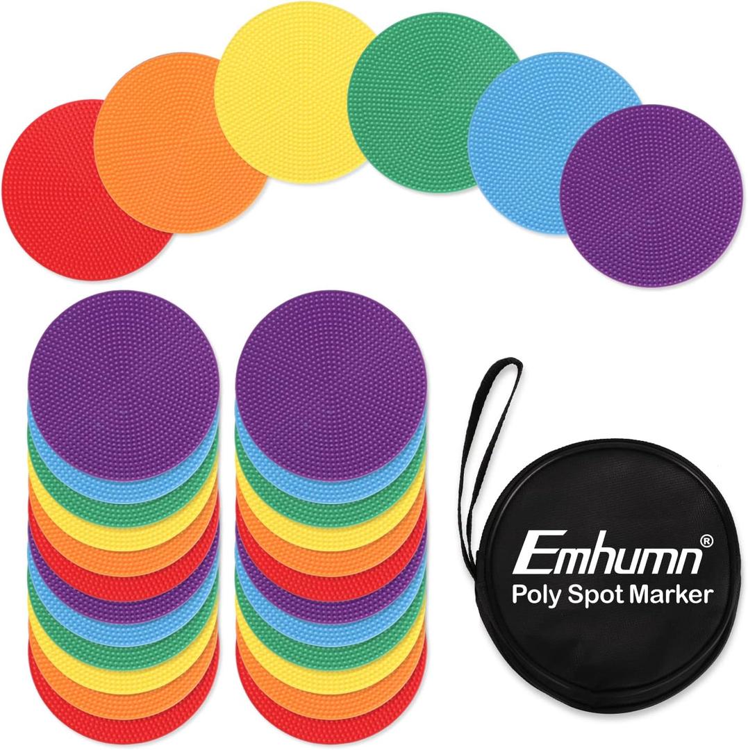 Emhumn 4inch & 9inch Poly Spot Markers for Agility Dot for Gym/PE Training, Dance, 6/12/24 Pcs Round Multiple Color & Size Rubber Non-Slip Spot Marker for Games, Floor Dots and Sport Activities