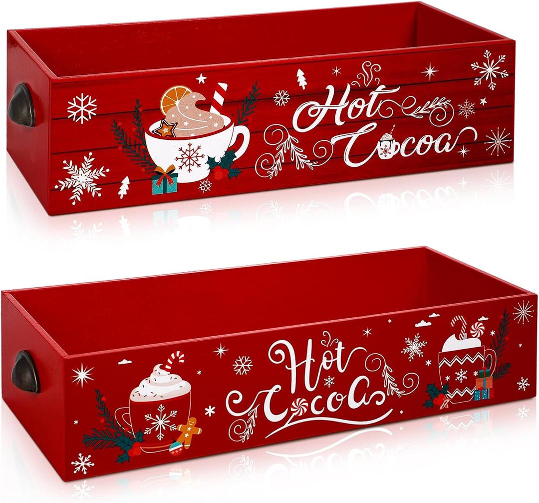 Soaoo 2 Pcs Christmas Hot Cocoa Bar Wood Storage Box for Hot Cocoa Decorative Christmas Storage Bins Vintage Open Holder Box Xmas Colorful Organizer Bins for Home Kitchen Office Farmhouse Gift(Red)