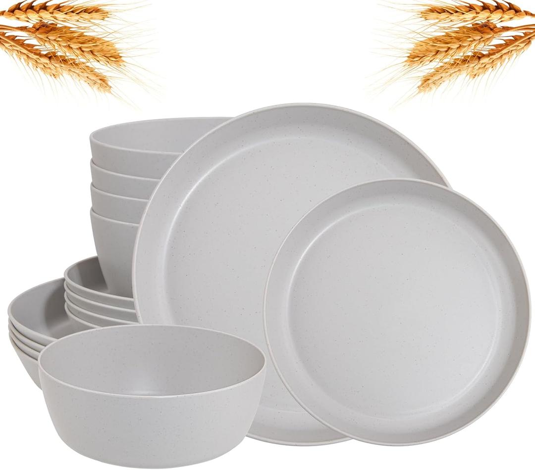 EI 12 Pcs Wheat Straw Dinnerware Set of 4, Plastic Plates Reusable Unbreakable, Plastic Plates and Bowls Sets for Camping, Picnic, Family Dinner, Grey Wheat Straw Plates and Bowls