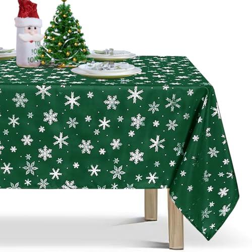LUSHVIDA Christmas Tablecloth Rectangle - Green 60x120 inch Snowflakes Foil Print Pattern Washable Wrinkle Resistant Holiday Tablecloths for Christmas Family Gathering, Dining Room Table 130GSM