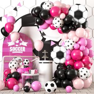 Soccer Party Balloon Garland Arch Kit, Black Hot Pink Decorations With Foil Balloon for Women Girls Kids Birthday Sports Theme, Football Party Decor Supplies