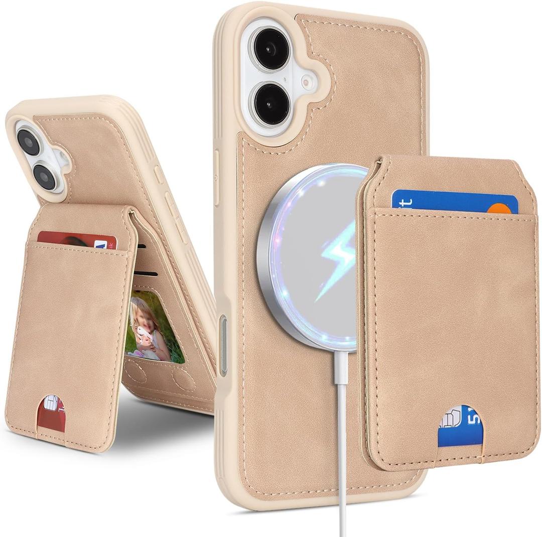 for iPhone 16 Case Compatible MagSafe Wallet with Card Holder - Detachable 2 in 1 Magnetic Stand Cover - Wireless Charging Credit Card Slots for Men Women-Beige