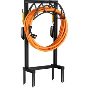 VyGrow Garden Hose Holder, Freestanding Heavy Duty Water Hose Holder for Outside, Upgraded Metal Hose Stand with 4 Spikes, Detachable Garden Hose Storage Hose Reel Rack, Black