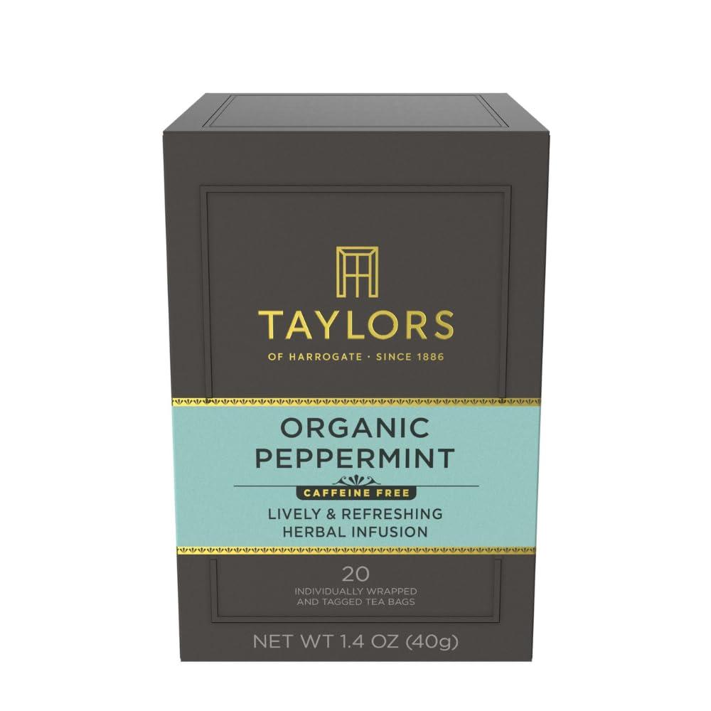 Taylors of Harrogate Organic Peppermint, Herbal Tea, Individually Wrapped Bags, 20 Count (Pack of 1), Clean, Pure and Refreshing, Caffeine-Free, Enjoy Hot or Iced, 20 Teabags (EXP 03/31/27)