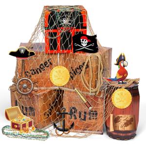 28 Pcs Pirate Themed Party Decorations Imitation Treasure Wooden Boxes Jewelry Fishing Net Adventure Cardboard Boxes for Pirate Nautical Caribbean Birthday Party Favors Photo Booth Props