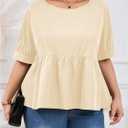 MakeMeChic Women's Plus Size Peplum Tops Short Sleeve Loose Blouse Ruffle Asymmetrical Hem Shirts (Beige, XXL)